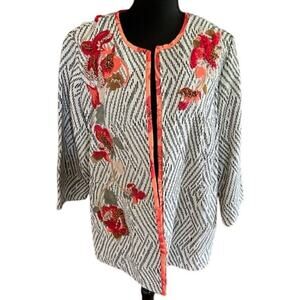 Chico’s Open Front Embroidered Jacket Size 2P Petite (US 12P) Boho Floral Accent